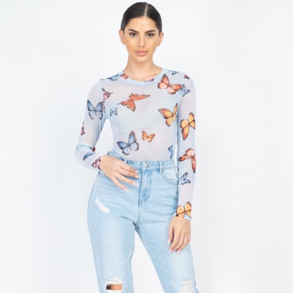 🦋 Light Blue Butterfly Sheer Mesh Long Sleeve Top - Picture 5 of 6